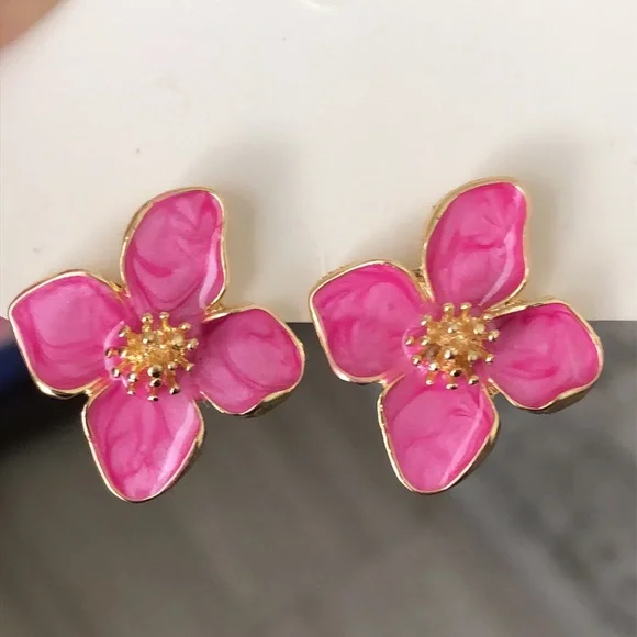 Pink + Gold Flower Statement Earrings - Picture 2 of 6